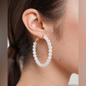 Large Faux White Pearl Stardust Lightweight Gold Hardware Hoop Earrings One Size